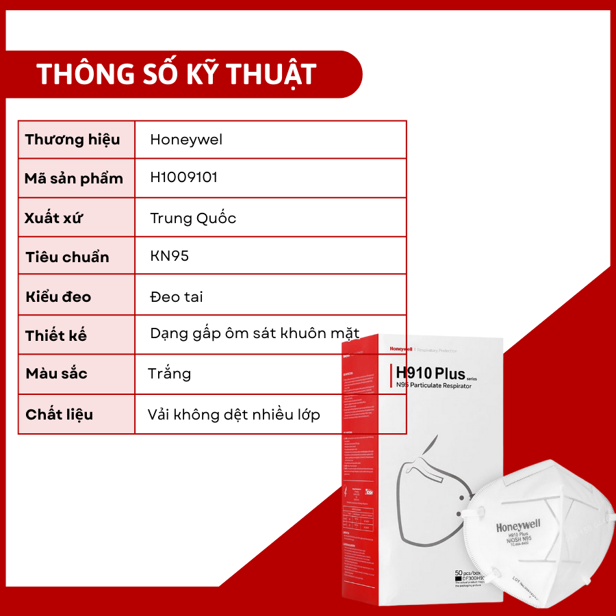 Th&ocirc;ng số kĩ thuật khẩu trang chống bụi H910 KN95 đeo tai