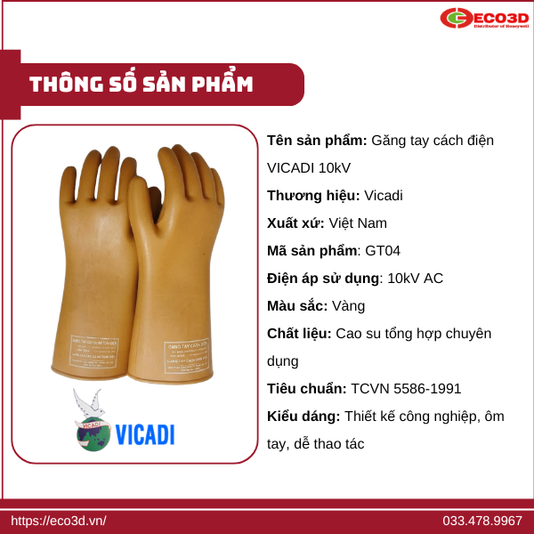 Thông số kỹ thuật găng tay cách điện VICADI 10kV