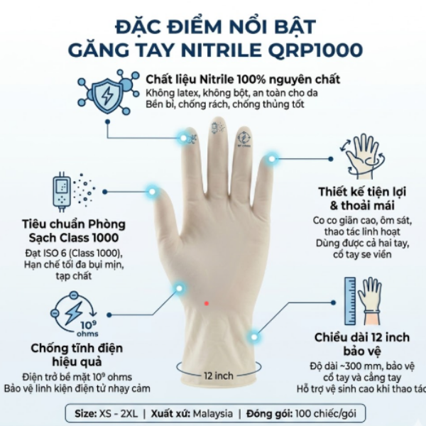 ĐẶC ĐIỂM NỔI BẬT CỦA GĂNG TAY PHÒNG SẠCH NITRILE QRP1000